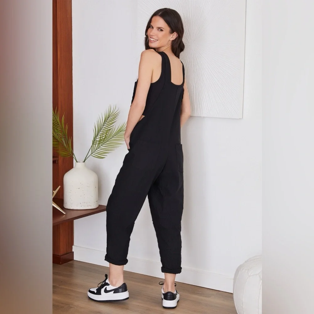 (G1127-SOL-BLK) SOLID COMFY CRINKLE OVERALL - Picture 6 of 7
